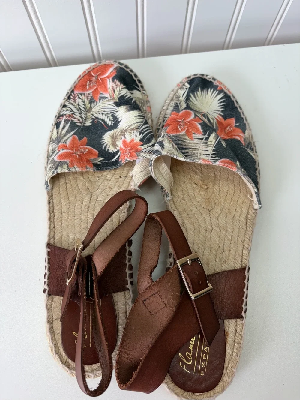 Floral Canvas Espadrille Sandals with Brown Ankle Strap - Navy & Orange